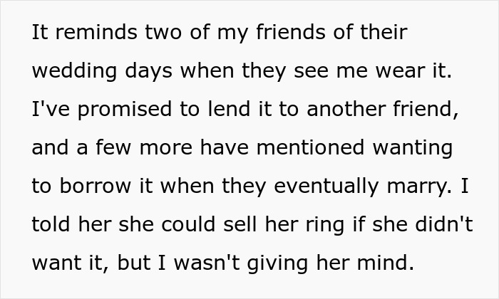 Text about a woman discussing her friends&rsquo; interest in borrowing a family heirloom ring.