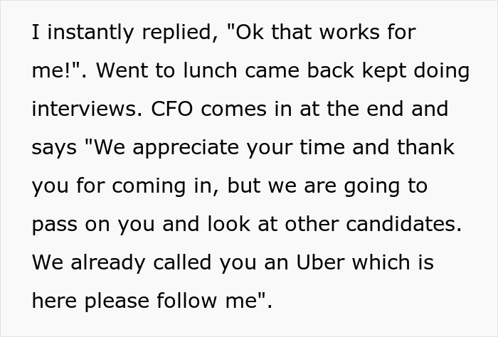 Text exchange about company rejecting candidate for preferring to eat lunch in the office.