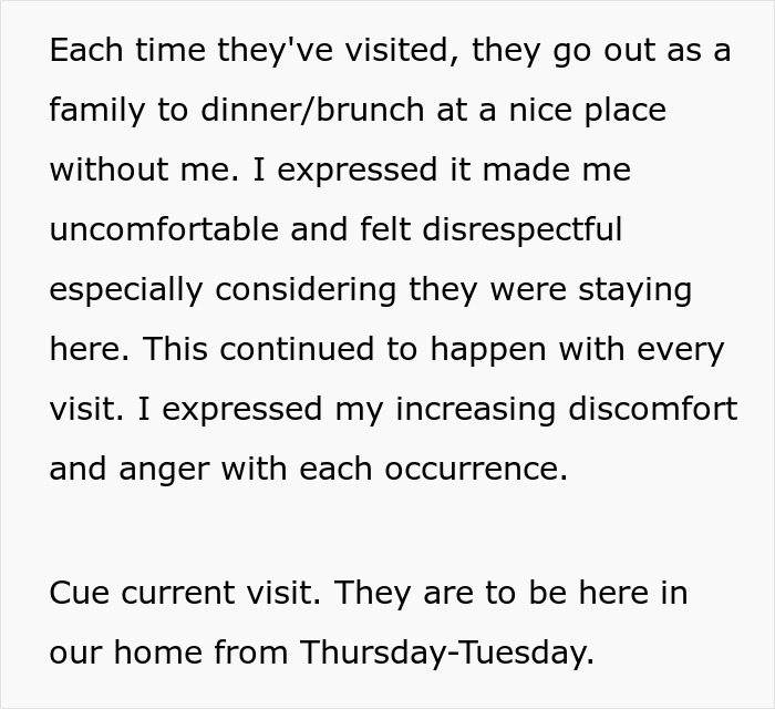 Text about being excluded by in-laws during brunch and dinner outings, expressing discomfort and anger. Text about being excluded by in-laws during brunch and dinner outings, expressing discomfort and anger.