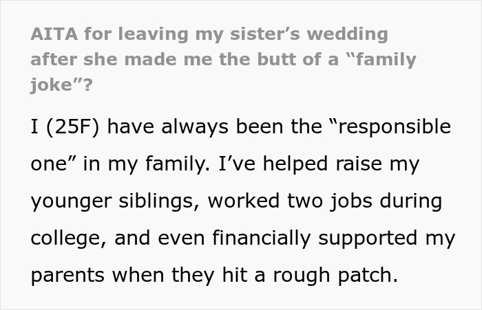 Text discussing a bride's wedding speech and the reaction from her sister, who felt offended by a family joke. Text discussing a bride's wedding speech and the reaction from her sister, who felt offended by a family joke.