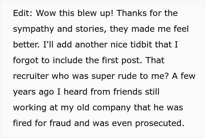 Text recounting a woman's experience with a rude recruiter and his later prosecution.