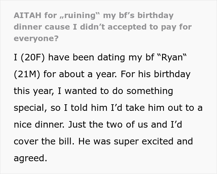 Text discussing a woman's decision on paying for a boyfriend's birthday dinner.