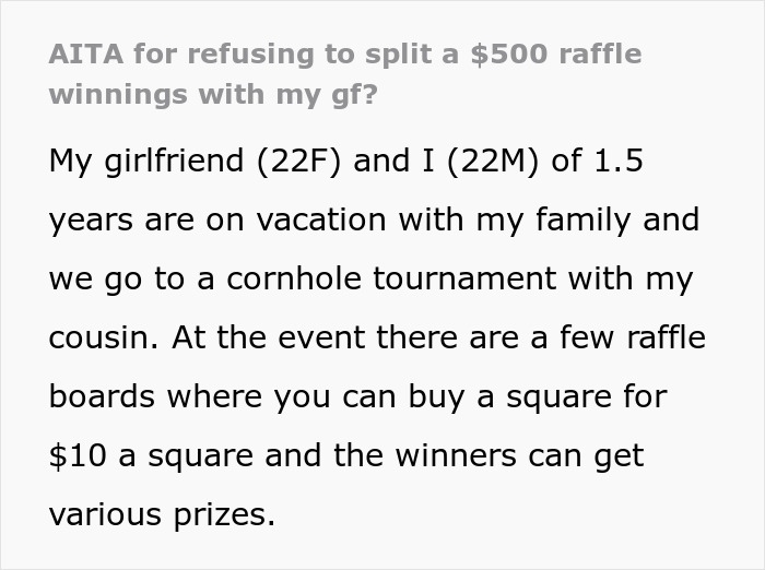 Text discussing raffle winnings and relationship disagreement.