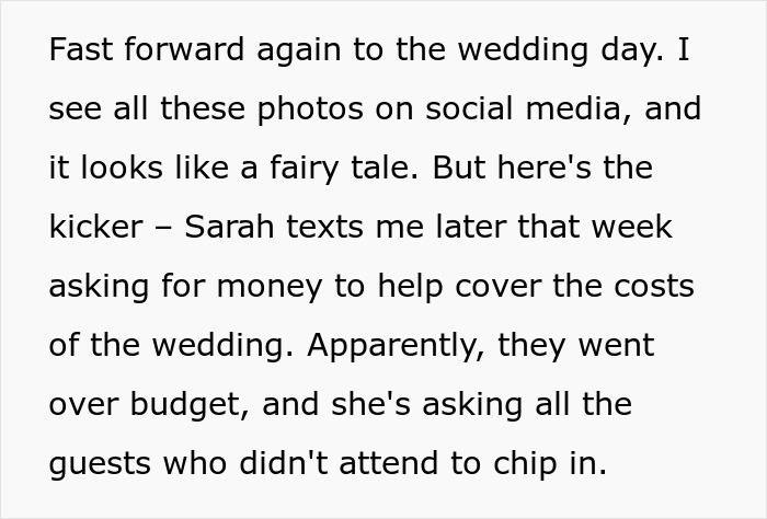 Text screenshot about friend uninviting from wedding and asking for money.