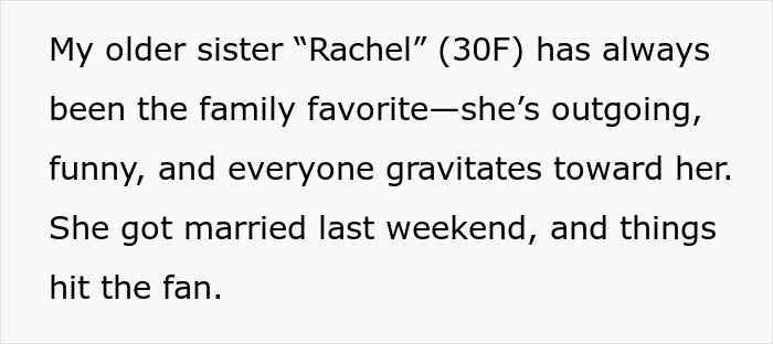 Text reading about a sister named Rachel, her outgoing and funny nature, and a wedding event that turned chaotic. Text reading about a sister named Rachel, her outgoing and funny nature, and a wedding event that turned chaotic.