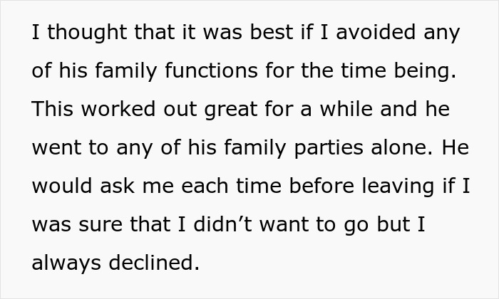 Text discussing avoiding family functions, potentially related to a mother-family-heirloom-ring situation. Text discussing avoiding family functions, potentially related to a mother-family-heirloom-ring situation.