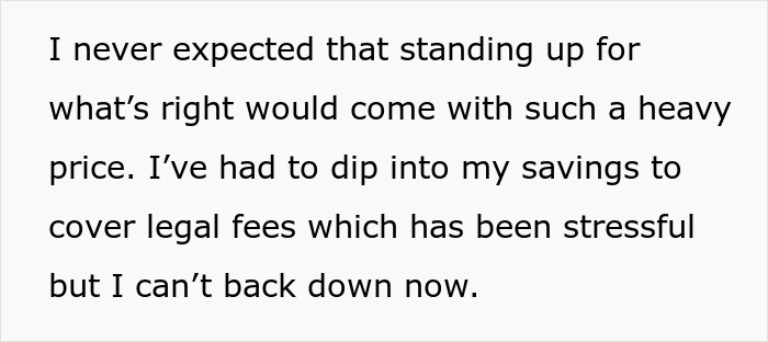 Text about family feud and legal fees, highlighting financial stress and determination in resolving the issue.