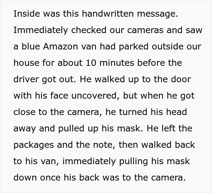 Note left by Amazon driver prompts police call; mentions camera footage of driver adjusting mask.