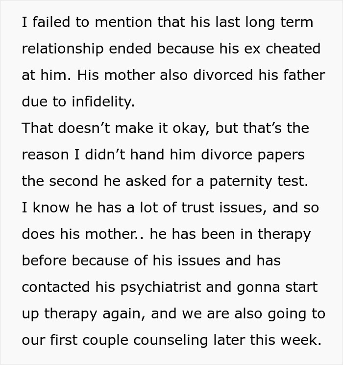 Text sharing story about a mother-in-law urging a paternity test.