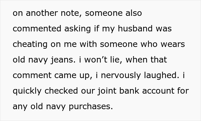 Text about online user's joke regarding stains leading to suspicions of a mistress wearing Old Navy jeans.