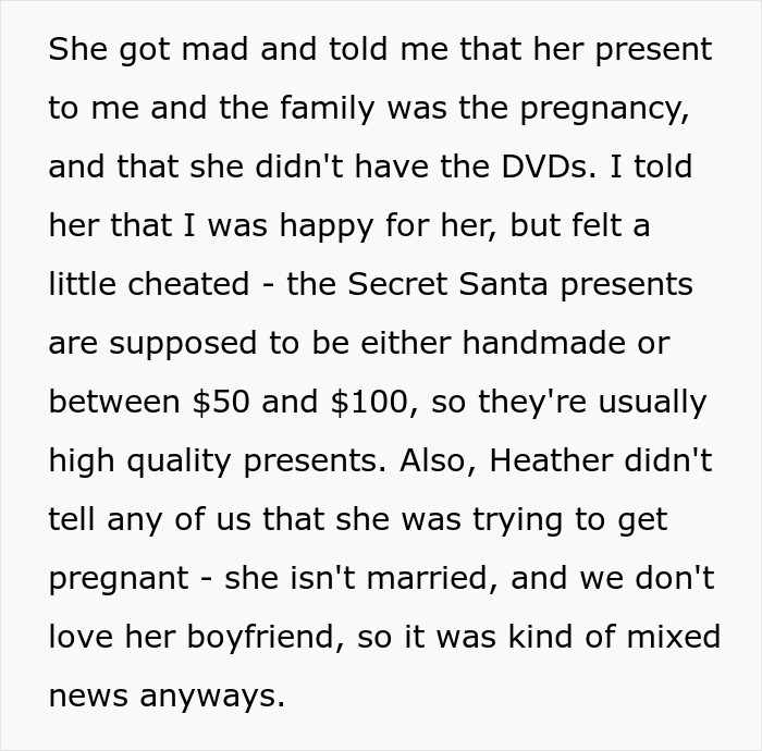 Text discussing a sister's pregnancy announcement during a Secret Santa exchange, causing mixed feelings. Text discussing a sister's pregnancy announcement during a Secret Santa exchange, causing mixed feelings.