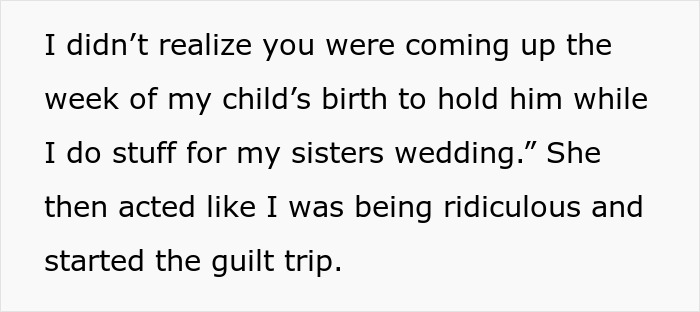 Text excerpt discussing mom guilt over helping with sister's wedding post-delivery.