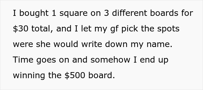 Text discussing a $500 raffle win and decision not to split the winnings with girlfriend.