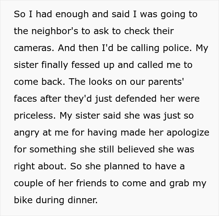 Text about a spoiled brat stealing and dumping her brother's bike after a disagreement. Text about a spoiled brat stealing and dumping her brother's bike after a disagreement.