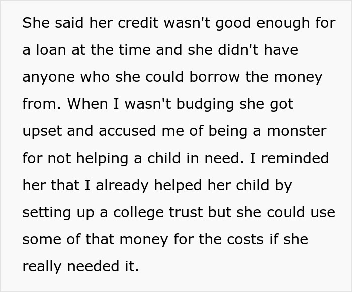Text about woman refusing to fund husband's affair child's needs, deemed a 'monster' for not assisting further.