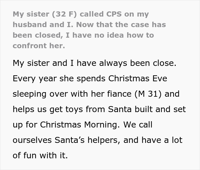 Text about a woman shocked after sister's secret call to CPS; reflects a feeling of betrayal and confusion.