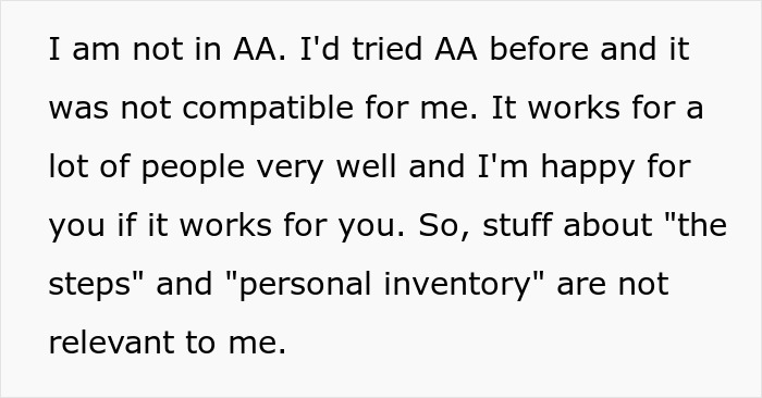 Text discussing incompatibility with AA and alternative sobriety approaches. Text discussing incompatibility with AA and alternative sobriety approaches.