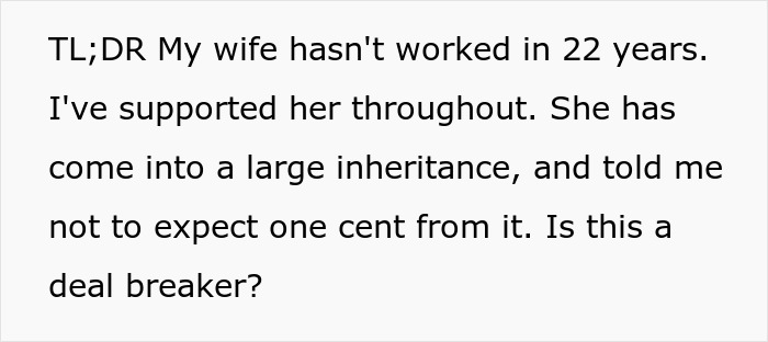 Man Considers Divorce When Wife Refuses To Share Her Inheritance After Relying On Him For 22 Years