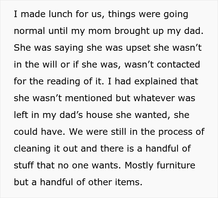 Excerpt discussing family inheritance issues and a toxic mom's demands regarding a will.