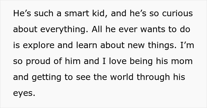 Text praising a curious and smart child while a mother expresses pride and love. Text praising a curious and smart child while a mother expresses pride and love.