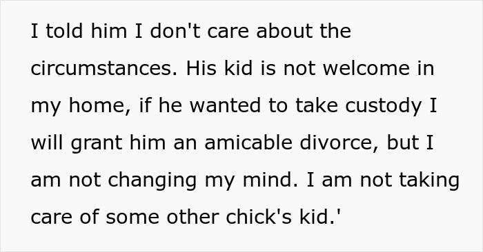 Text discussing a decision between divorce and custody related to an affair child.