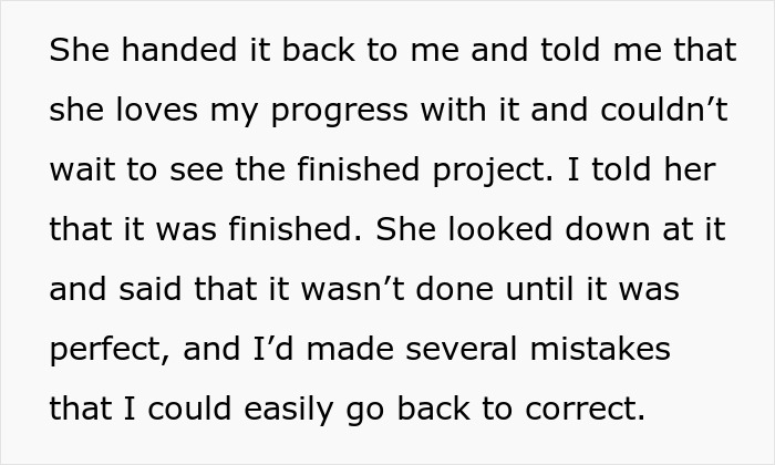 Text exchange about a handmade gift needing perfection before being considered finished. Text exchange about a handmade gift needing perfection before being considered finished.