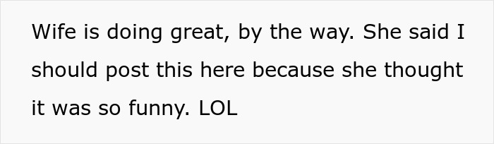 Text message about a wife's humorous comment related to an entitled coworker story.