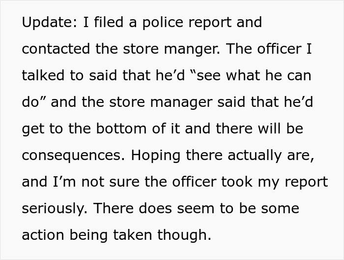 Text update about police report filed after Walmart employee incident involving a teen in a mobility cart.