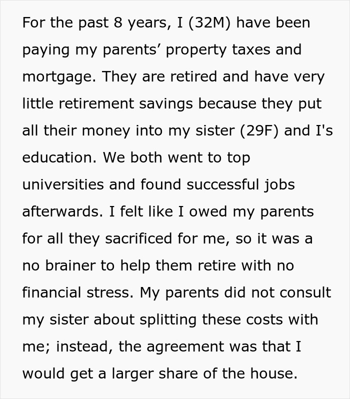 Text detailing a man's decade-long financial commitment to cover parents' mortgage, expecting a larger house share.