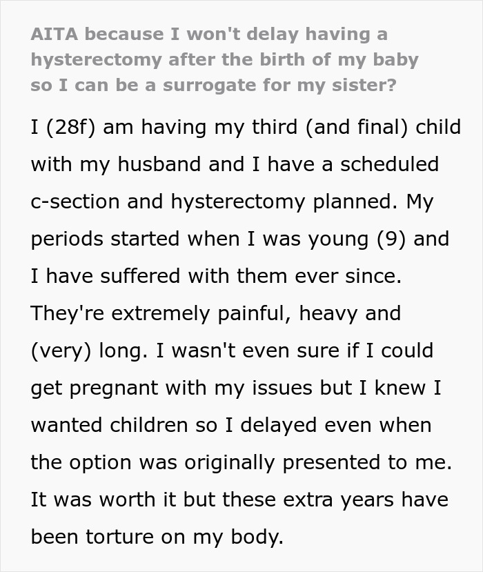 Text discussing a woman's decision on hysterectomy and facing pressure to be a surrogate. Text discussing a woman's decision on hysterectomy and facing pressure to be a surrogate.