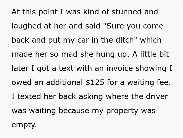 Text exchange about towing company threatening to dump car in ditch over a $36 fee, leading to a petty revenge. Text exchange about towing company threatening to dump car in ditch over a $36 fee, leading to a petty revenge.