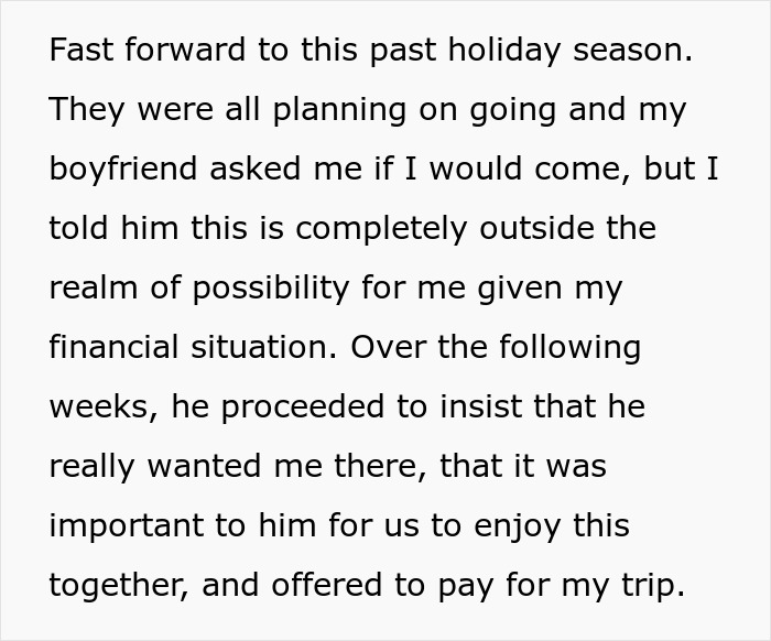 Text discussing a woman's regret over a Europe trip as her boyfriend starts demanding money.
