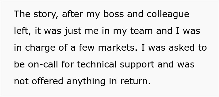 Text about an employee managing markets and handling technical support solo after colleagues left.