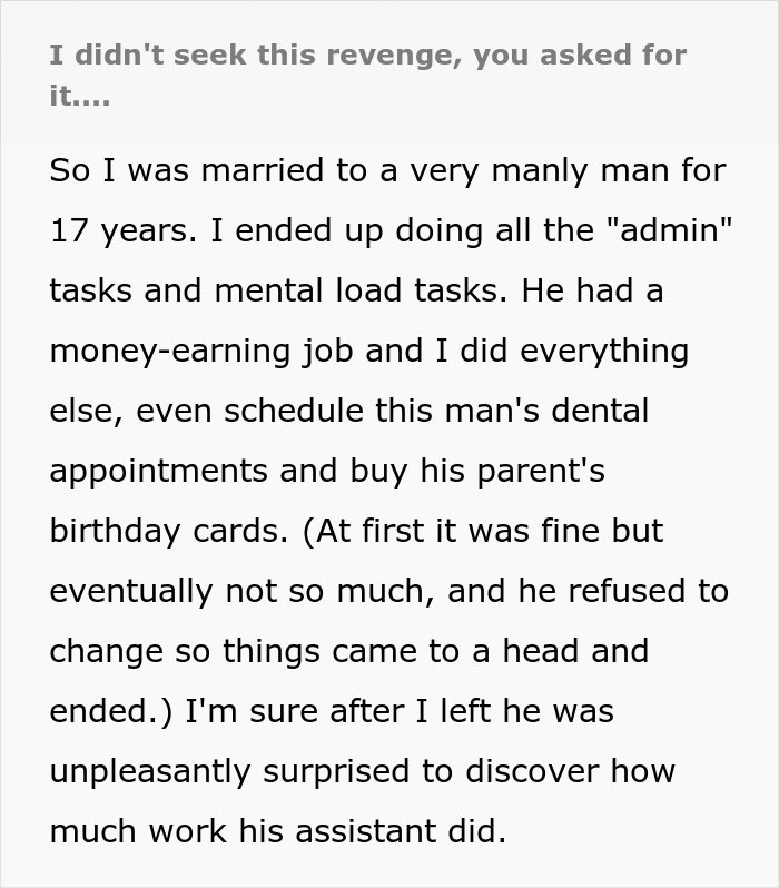 Text on a white background about a spouse handling admin tasks, leading to unexpected revenge. Text on a white background about a spouse handling admin tasks, leading to unexpected revenge.