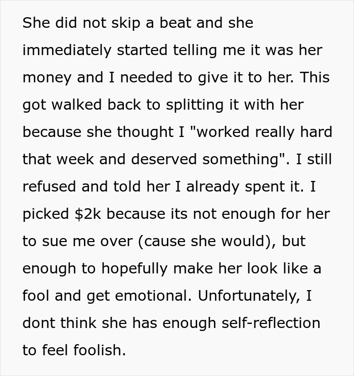 Text excerpt about a woman arguing over money and splitting $2k, reflecting on manipulation and emotional impact. Text excerpt about a woman arguing over money and splitting $2k, reflecting on manipulation and emotional impact.