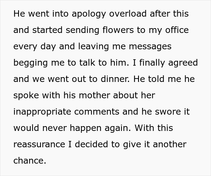 Text conversation about apologies and a mother's comments regarding a family heirloom ring. Text conversation about apologies and a mother's comments regarding a family heirloom ring.