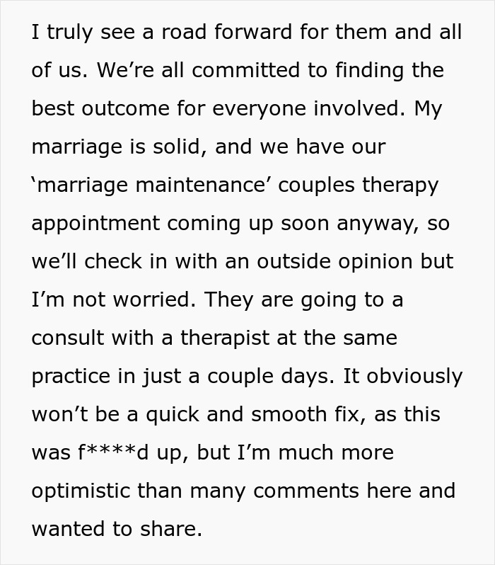 Text about seeking therapy for marriage maintenance amidst unusual revelations.