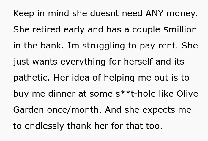 Text from a person criticizing a retiree’s selfishness despite wealth; they express frustration over minimal financial help. Text from a person criticizing a retiree’s selfishness despite wealth; they express frustration over minimal financial help.