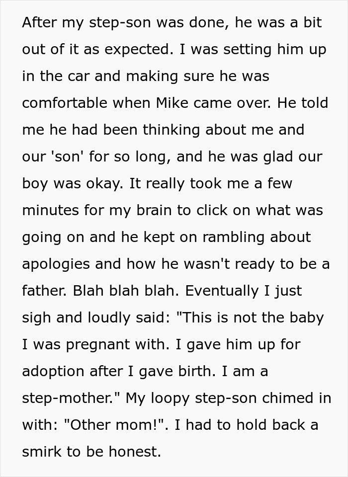 Text conversation about adoption and past pregnancy with step-son and Mike.