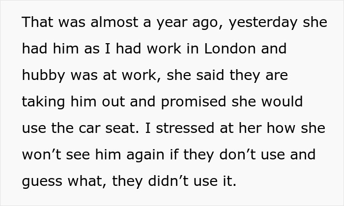 Text about a grandma ignoring a mom's plea to use a car seat, leading to a babysitting ban.