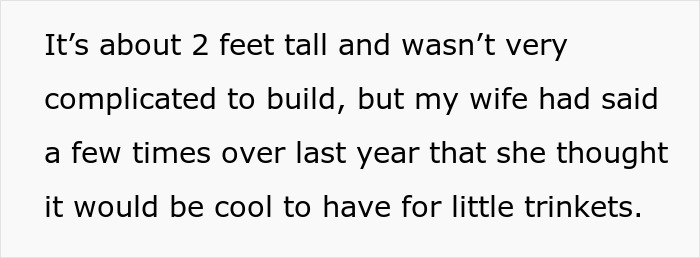Text describing a 2-foot replica house made for wife, with brother's demand for gifting it. Text describing a 2-foot replica house made for wife, with brother's demand for gifting it.