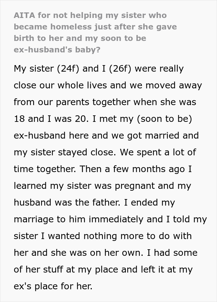 Text discussing a woman left homeless after an affair with her sister's husband. Text discussing a woman left homeless after an affair with her sister's husband.
