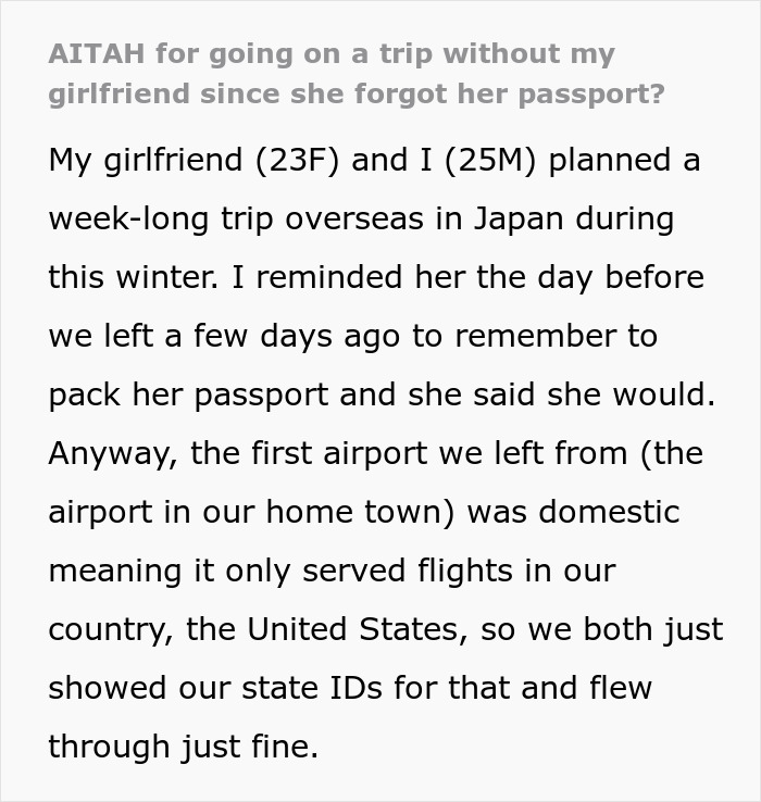 Guy Refuses To Cancel Japan Trip After GF Forgot Her Passport, She&rsquo;s Upset He &ldquo;Abandoned Her&rdquo;