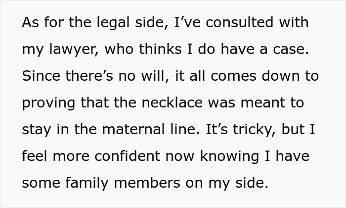 Text discussing a family's legal dispute over a heirloom necklace with no existing will, exploring family and legal dynamics.