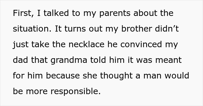 Text describing a family feud over a heirloom necklace and court involvement.