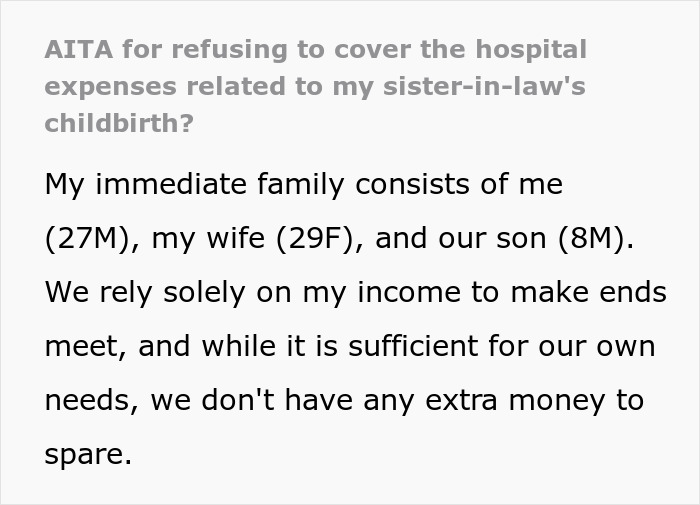 Text discussing family financial concerns about hospital expenses for sister's childbirth.