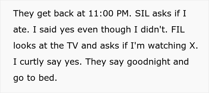 Text conversation about late-night return and watching TV, reflecting in-laws brunch dinner exclusion theme. Text conversation about late-night return and watching TV, reflecting in-laws brunch dinner exclusion theme.