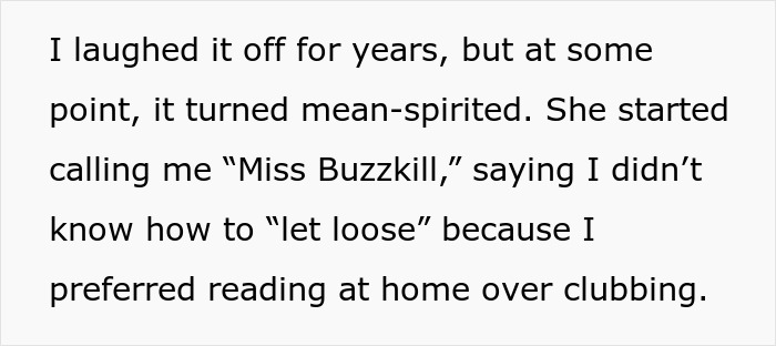 Text from bride's wedding speech describing being called "Miss Buzzkill" for preferring reading to clubbing. Text from bride's wedding speech describing being called "Miss Buzzkill" for preferring reading to clubbing.