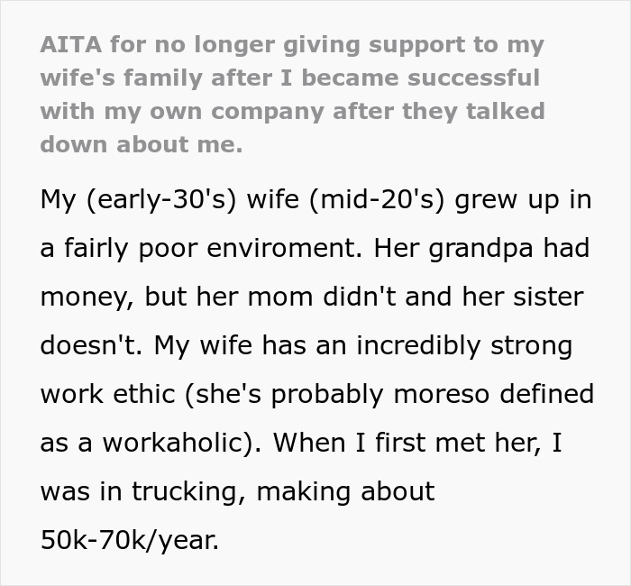 Text about a man criticized by in-laws, discusses his wife's background and his trucking job before business success.