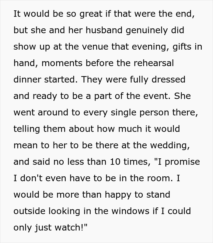 Text discussing a woman's determined attempts to be a part of a wedding rehearsal dinner event.